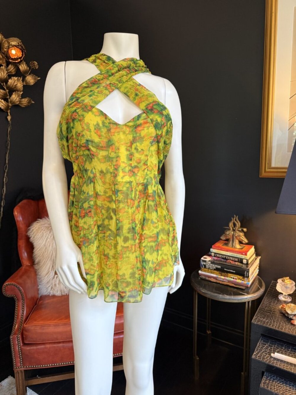 Walter Baker Silk Floral Cross-Neck Halter Top Yellow Green Size 4